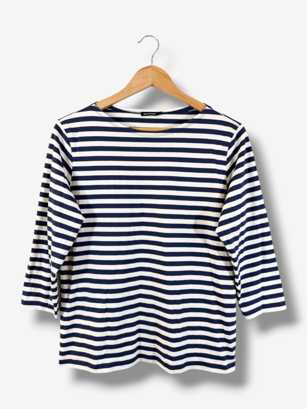 Marimekko ILMA Striped Shirt Size L Navy White 3/4 Sleeve Cotton Jersey Knit